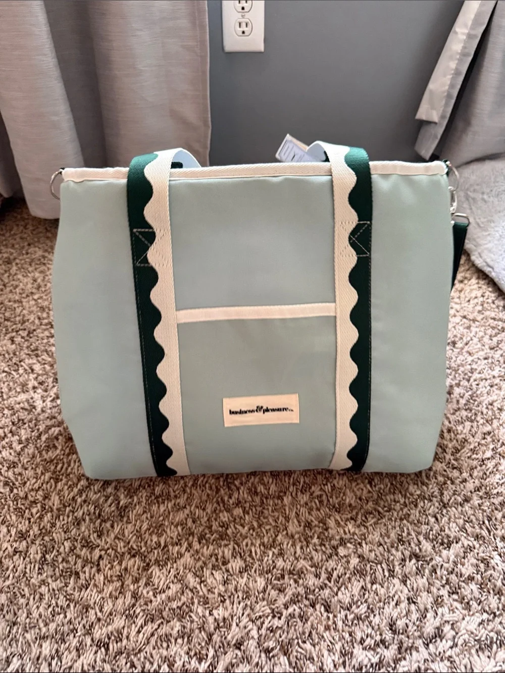 Business & Pleasure Mint Canvas Tote with Dark Green Scallop Straps